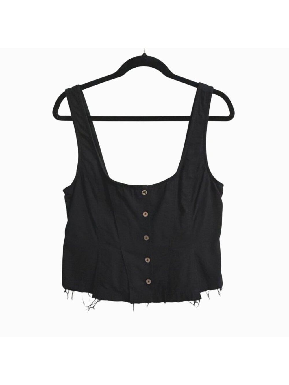 Free People Size L Black Button Front Sleeveless Crop Top Frayed Hem Pleated